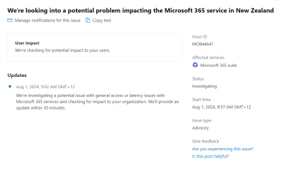 Microsoft Service Outage 1 August